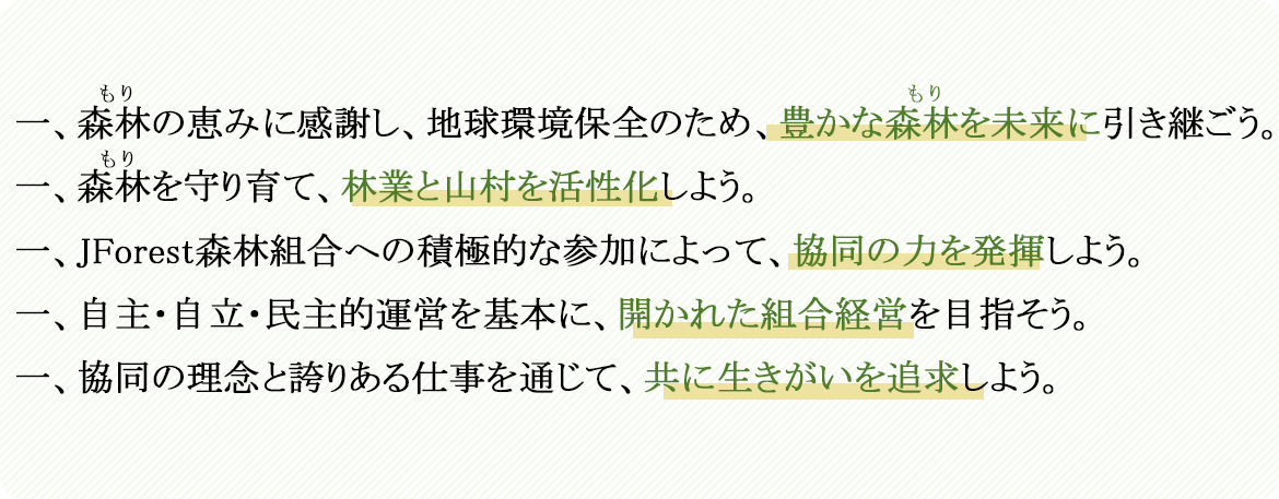 一、森林の恵みに感謝し、地球環境保全のため、豊かな森林を未来に引き継ごう。 一、森林を守り育て、林業と山村を活性化しよう。 一、JForest森林組合への積極的な参加によって、協同の力を発揮しよう。 一、自主・自立・民主的運営を基本に、開かれた組合経営を目指そう。 一、協同の理念と誇りある仕事を通じて、共に生きがいを追求しよう。